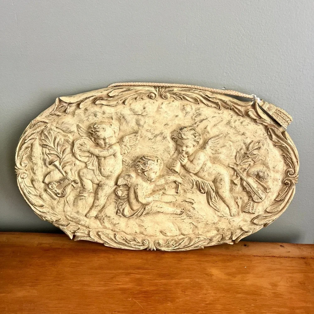 Vintage Style Musical Cherubs Putti Wall Plaque Rococo Style Cream 18x11 Oval
